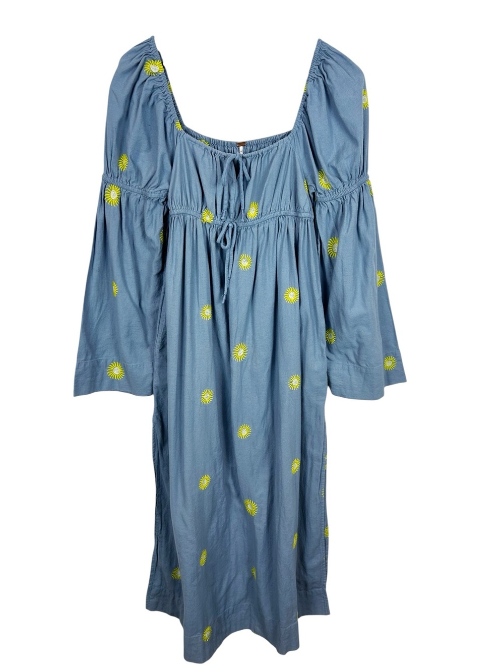Free People Emory Embroidered Midi Dress Size Small Blue with Yellow Flowers